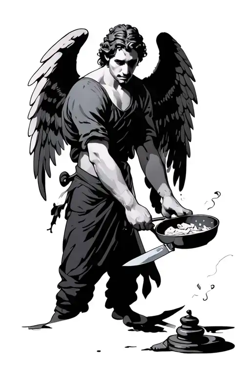 An Angel With A Knife In His Right Hand And A Pan Cooking Something In His Left Hand