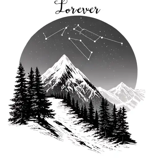 Mountain And Trees With Forever On Bottom And Leo Constellation On Top