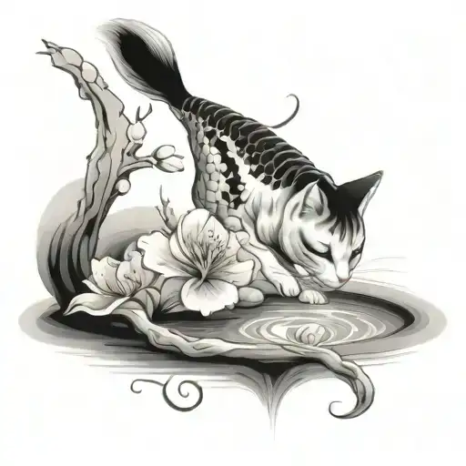 Koi Fish Pond With A Cherry Blossom Tree And Cat Reaching Into Water To Catch Fish