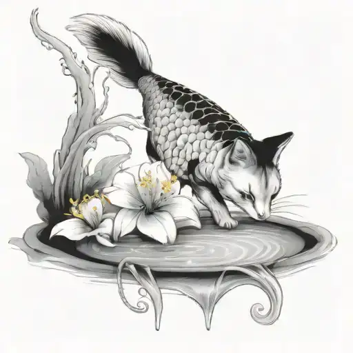 Koi Fish Pond With A Cherry Blossom Tree And Cat Reaching Into Water To Catch Fish