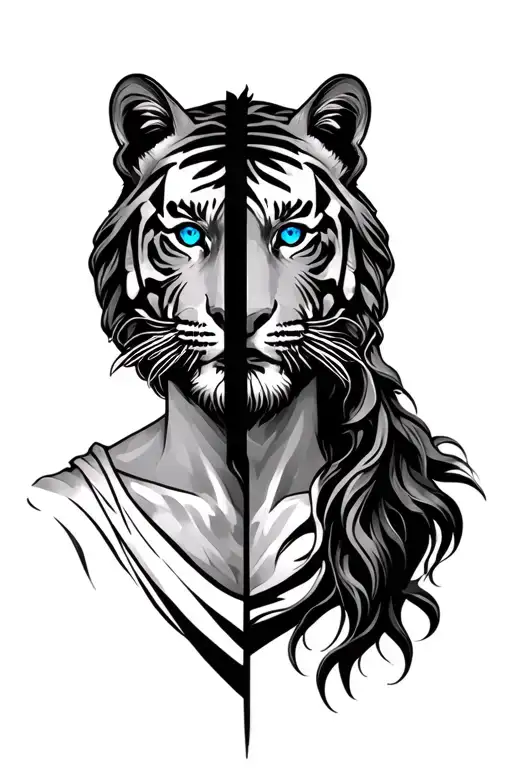 Half Jesus Half Tiger Face With A Blue Tiger Eye
