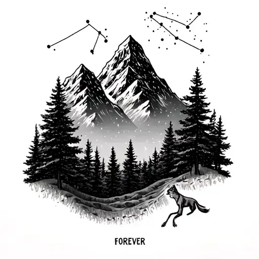 Mountain And Trees With Forever On Bottom And Leo Constellation On Top