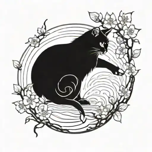 Pond With A Cherry Blossom Tree And Cat Reaching Into Water To Catch Fish