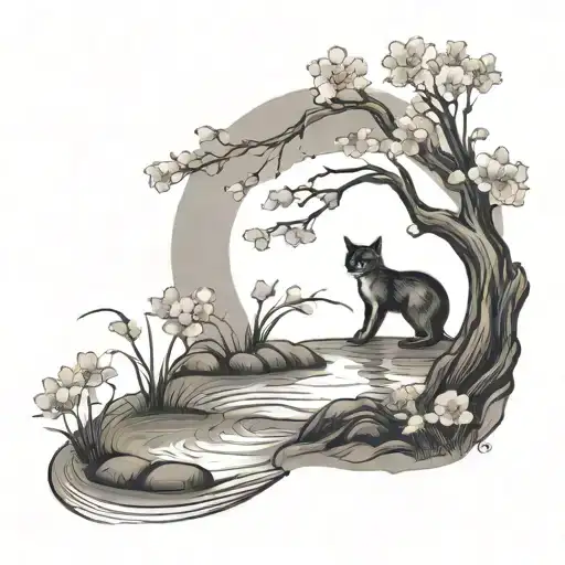 Pond With A Cherry Blossom Tree And Cat Reaching Into Water To Catch Fish