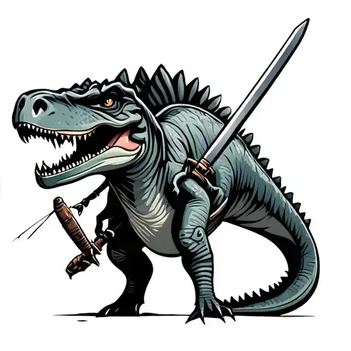 Spinosaurus Fishing With A Katana Cartoon Character