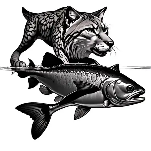 Lynx And A Fish Swimming Upstream