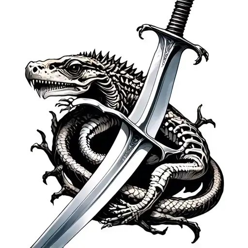 Spine Tattoo Of A Sword With A Lizard Skeleton Wrapped Around It