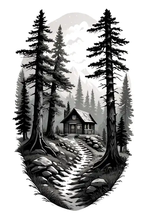 A Trail Winding Through A Forest Scene With A Hidden Realistic Cabin In The Distance