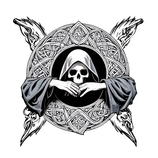 Celtic And Hooded Death Holding Hands In A Circle
