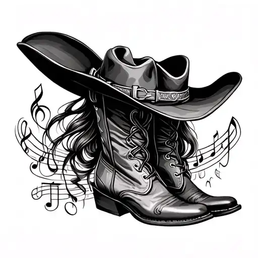 Women's Cowboy Hat With Boots And Music Notes Intertwined