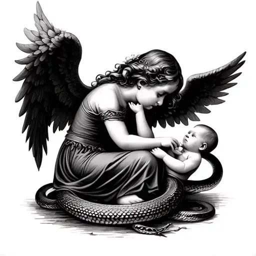 An Angel Reaching Out To A Baby Surrounded By A Snake On The Sleeve