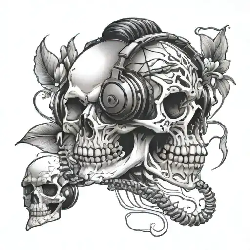 Skull With Headphones And Lollipop Surrounded By Thorns Veins And Tiger Lily's