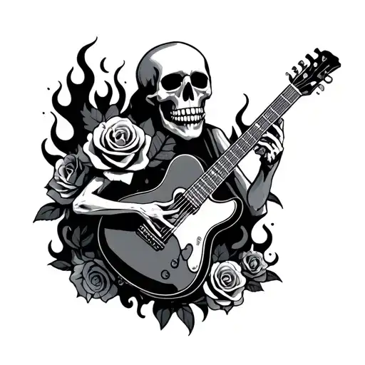Skeleton With Guitar And Roses With Flames