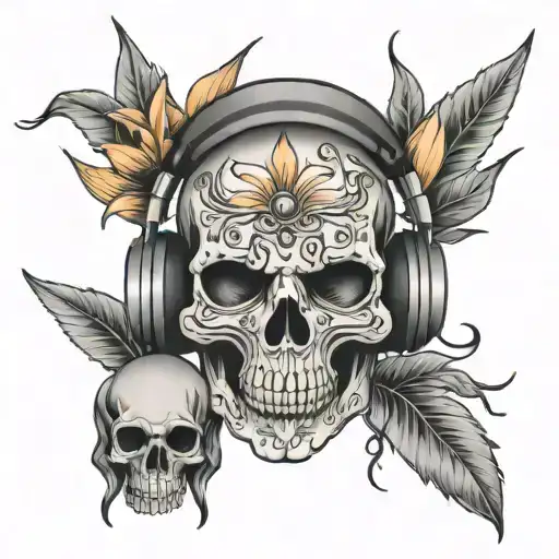 Skull Wearing Headphones With Lollipop Surrounded By Thorns Veins And Tiger Lily's