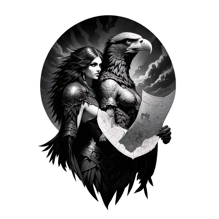 Eagle And Warrior Woman With Storm Backround Holding A Map