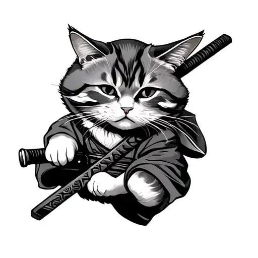 Cat In Kimono Holding A Katana