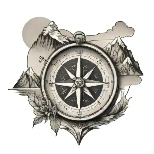 A Compass With Mountains Inside Representing