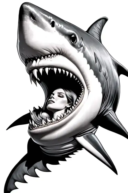 Great White Shark Suit With Woman's Head Peeking Out Of Mouth Realistic