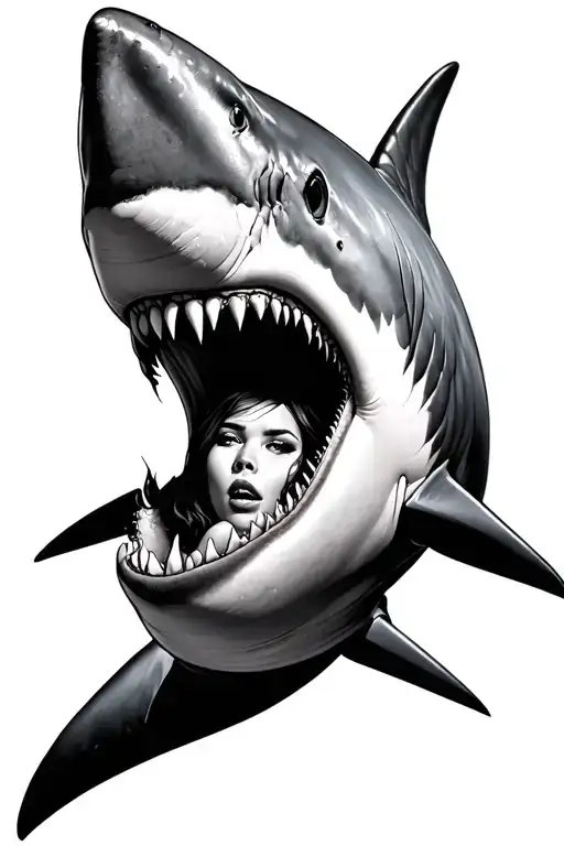 Great White Shark Suit With Woman's Head Peeking Out Of Mouth Realistic
