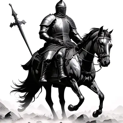 A Lone Knight On Horseback In Full Medieval Armor Stands In The Middle Of A Desolate Battlefield