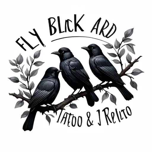 3 Black Birds On A Branch With The Word Fly