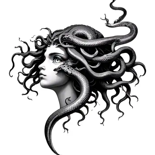 Medusa Head With Eyes Covered And Snake Climbing Upwards