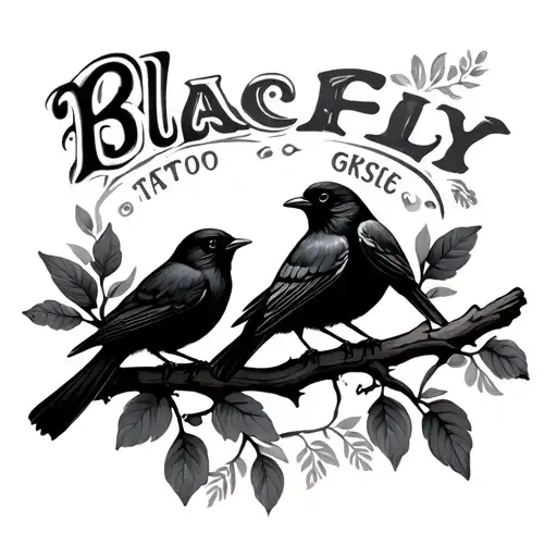3 Black Birds Small On A Branch With The Word Fly