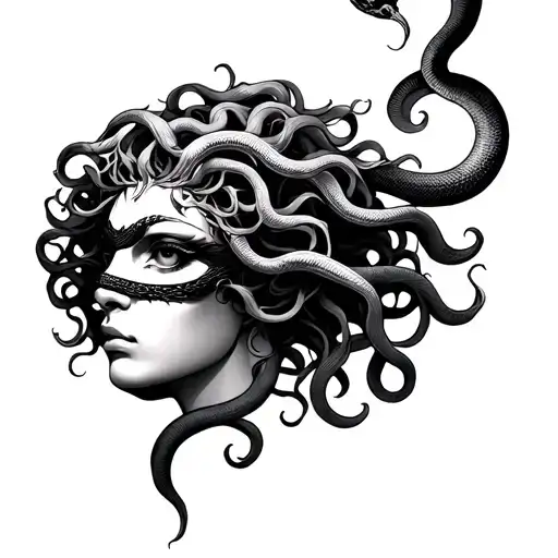 Medusa Head With Eyes Covered And Snake Climbing Upwards