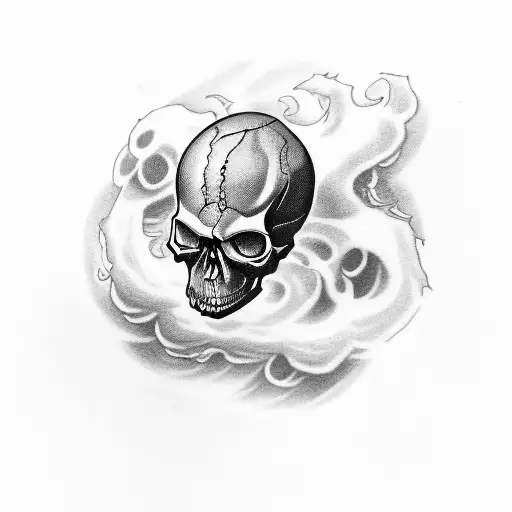 A Skull Surrounded By Swirling Dark Clouds With Gothic Lettering Beneath