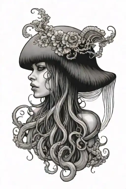 Feminine Jellyfish With Floral Tentacles Hiding Medusas Face