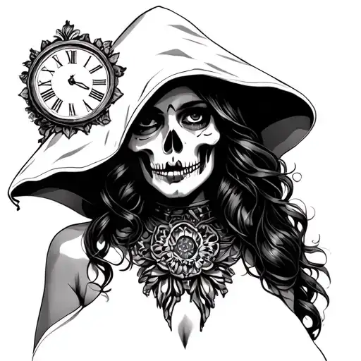 Beautiful Mexican Death Woman With Hood And Clock