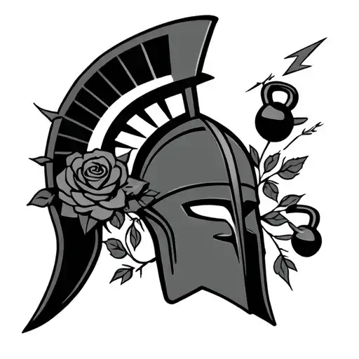 Spartan Helmet And Lightning Strikes And Roses And Kettlebel