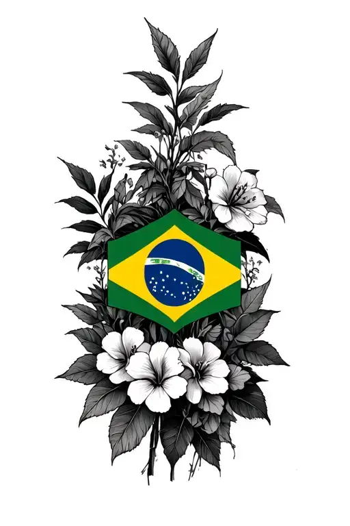 Forest And Flowers With Brazilian Flag