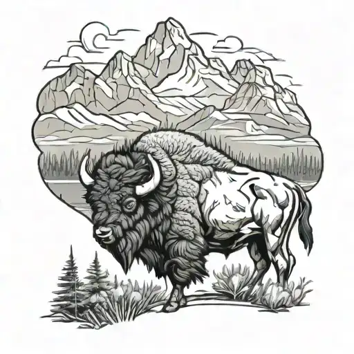 Western Bison Outside Mountain Landscape