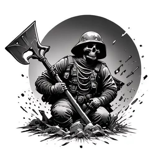 Create Me A Tattoo Idea Of Death Korps Of Kreig Soldier Smashing Shovel Into A Termind