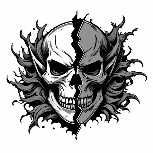 Oni Mask Split With Skull Wearing Mask In Middle