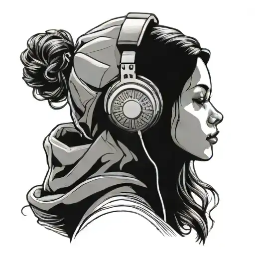 A Black And White Neo Traditional Woman With A Hoodie And Headphones On