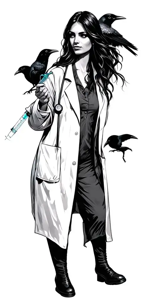 Female Doctor Holding A Syringe With Crows And Skulls