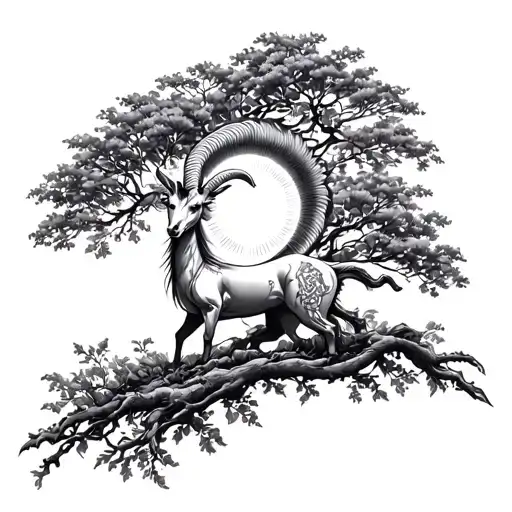 A Capricorn Integrated In A Lush Tree With A Sun Shining Through The Canopies