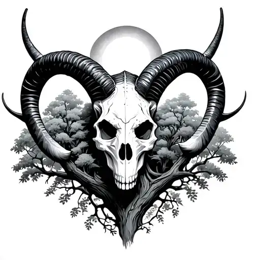 A Capricorn Skull Integrated In A Lush Tree With A Sun Shining Through The Canopies