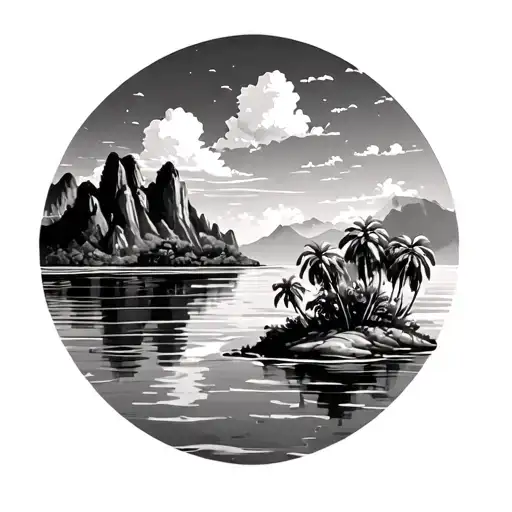 Side Profile Sky View Of A Lagoon With Mountains And A Mini Island In The Water With Palm Trees