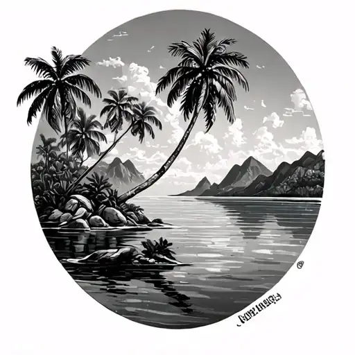 Side Profile Sky View Of A Lagoon With Mountains And A Mini Island In The Water With Palm Trees