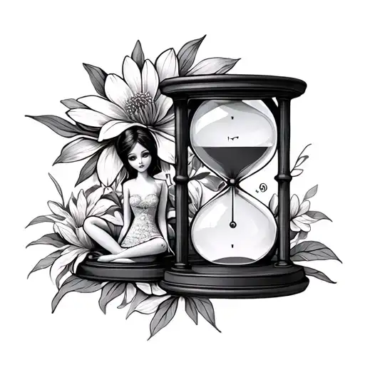 Hourglass With Exotic Flower Clock And Doll Sitting