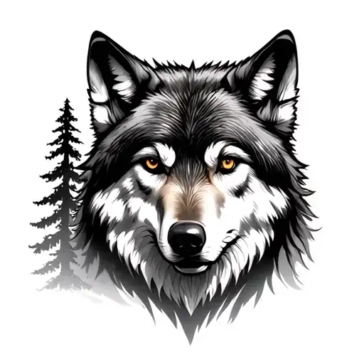 Wolf With Tall Trees In Background And A Compas