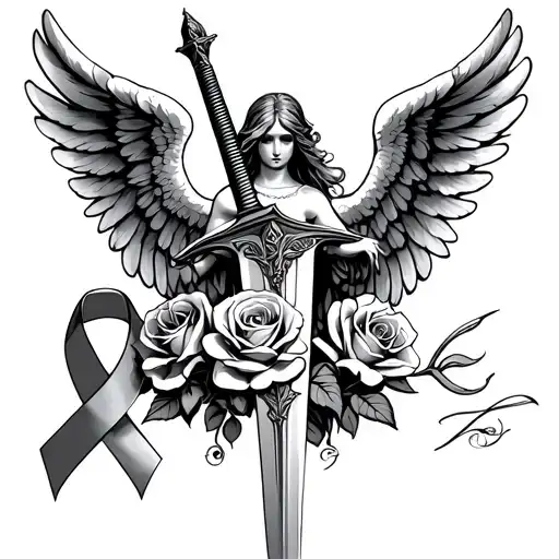 Angel Wings With Sword And Roses With A Cancer Ribbon