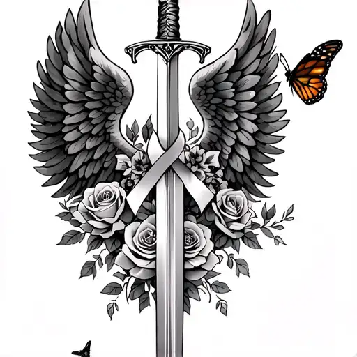 Wings With Sword And Roses With A Cancer Ribbon And Monarch Butterflies
