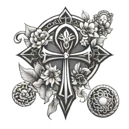 Ankh Symbol In Black With Flowers Around It