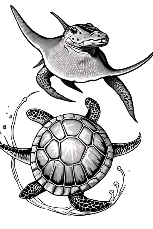 Stingray Swimming Through A Sea Turtle