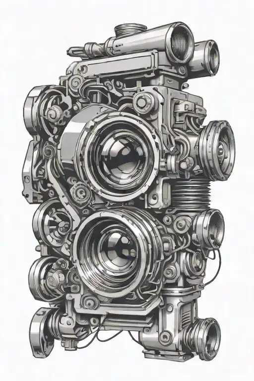 Design A Tattoo With A Pixelated Car Engine And A Camera Lens Combined