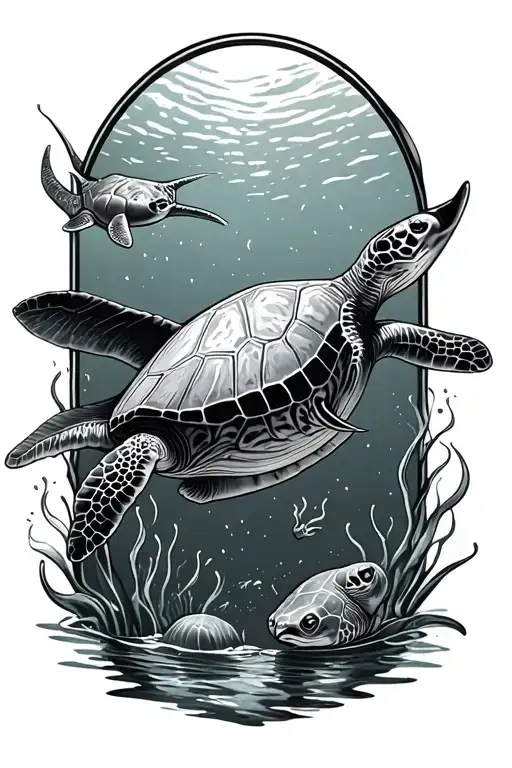 Stingray Swimming With A Sea Turtle Swimming